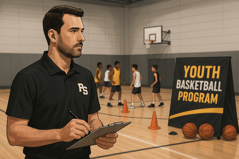 Youth basketball coach planning training session with young players